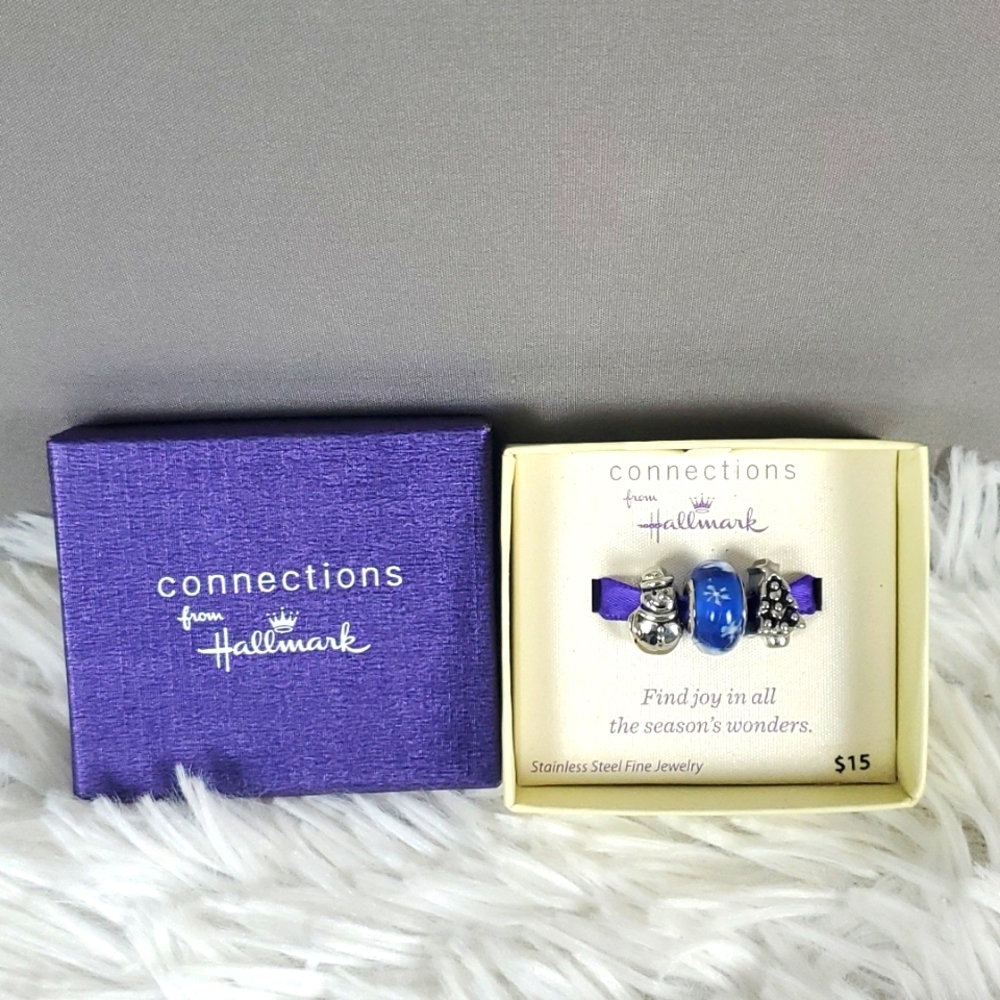 Hallmark Stainless Steel Holiday 3 Pk Tree, Snowman & Blue Glass Bead, NEW - Picture 1 of 4